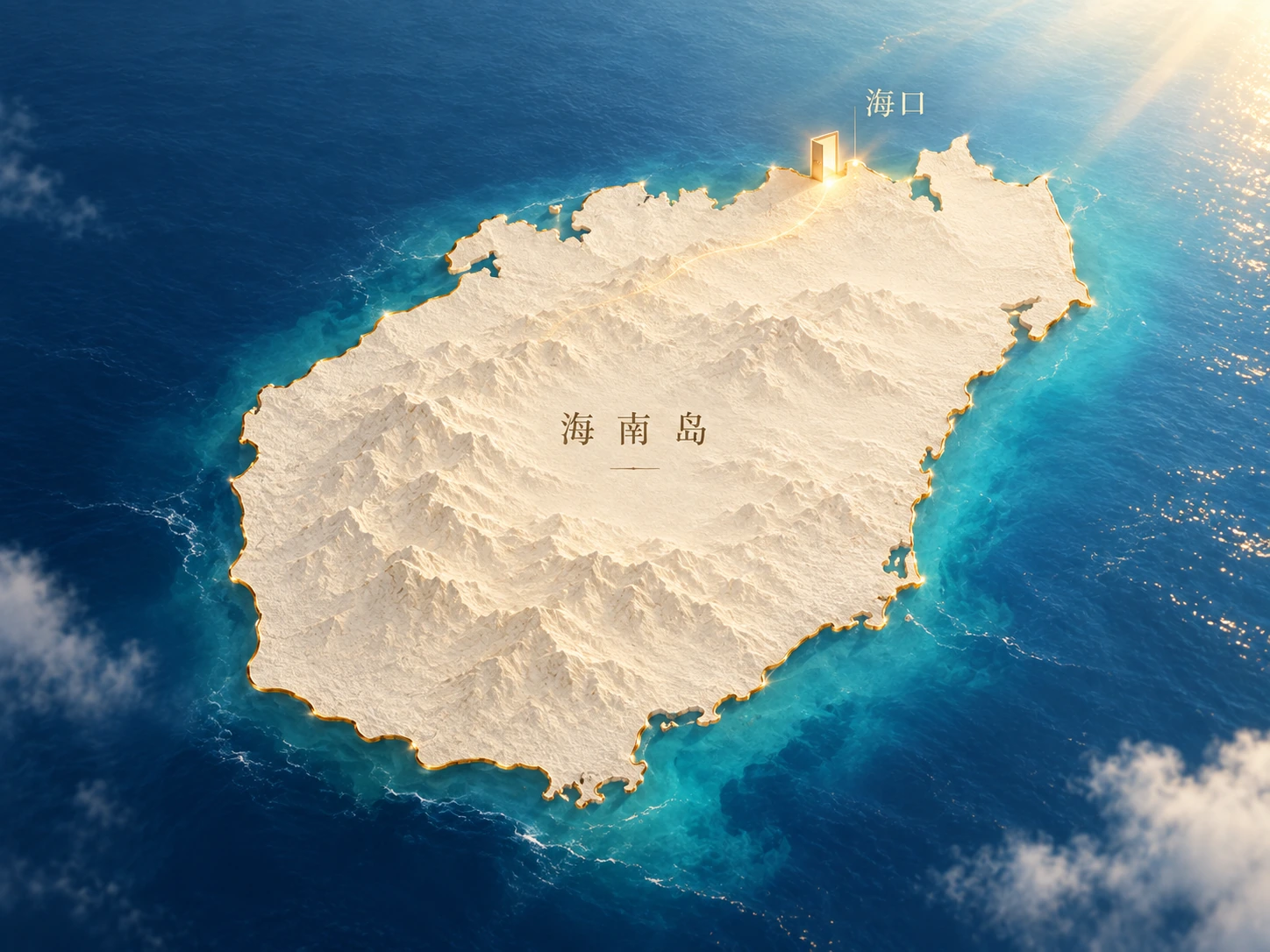 海口创业起点主题插画,海南岛轮廓与海口位置示意